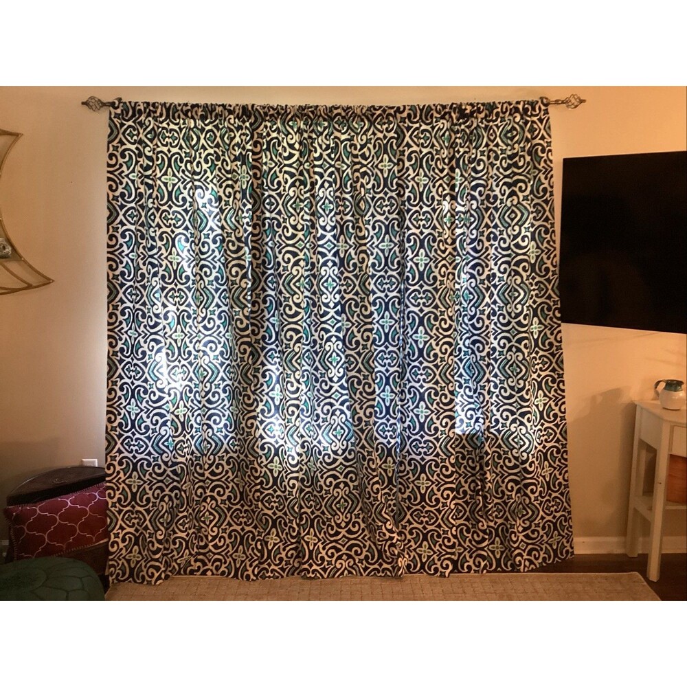 crate and barrel kiran blue curtains panels 50”x84” set of 3 geometric Moroccan